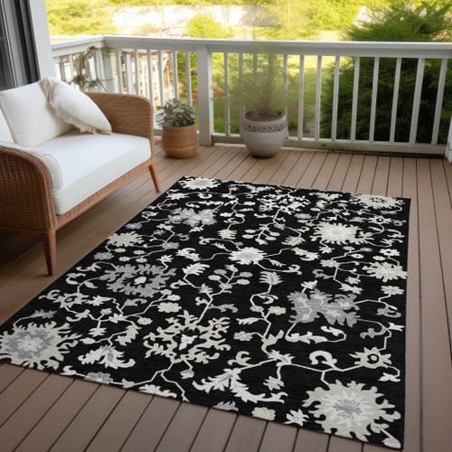 5' X 8' Black Ivory And Gray Floral Washable Indoor Outdoor Area Rug - Black, Ivory, Gray