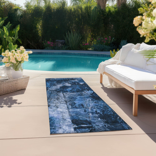 8' Runner Navy Blue Floral Washable Non Skid Indoor Outdoor Runner Rug