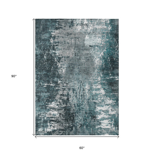 5' X 8' Teal Blue Gray And Charcoal Abstract Washable Indoor Outdoor Area Rug