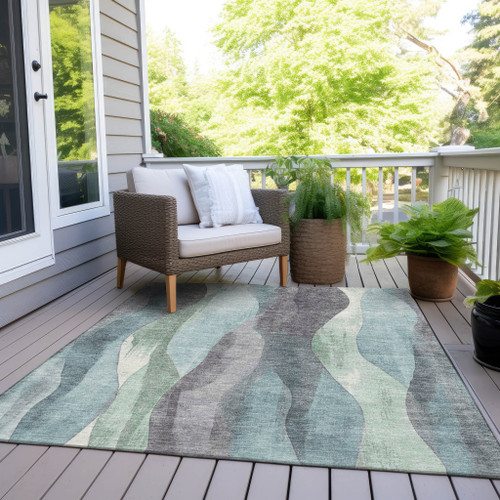 5' X 8' Teal Blue And Fern Green Abstract Washable Indoor Outdoor Area Rug