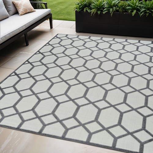 5' X 7' Beige and Gray Geometric Distressed Indoor Outdoor Area Rug