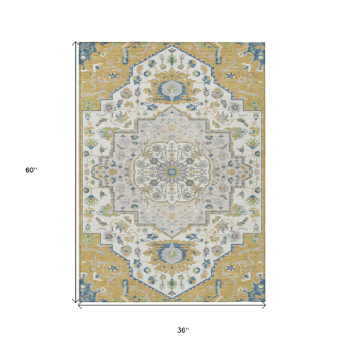 3' X 5' Gold Ivory And Blue Oriental Washable Indoor Outdoor Area Rug