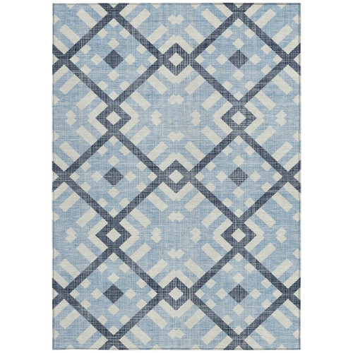 3' X 5' Sky Blue Navy Blue And Ivory Geometric Washable Indoor Outdoor Area Rug