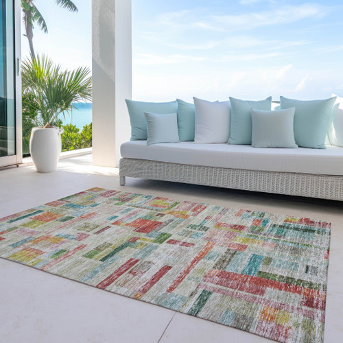 5' X 8' Terra Cotta Green And Brown Striped Washable Indoor Outdoor Area Rug