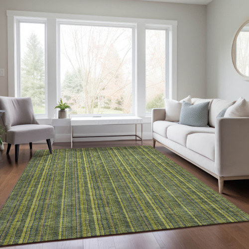 5' X 8' Olive Green And Lime Green Striped Washable Indoor Outdoor Area Rug