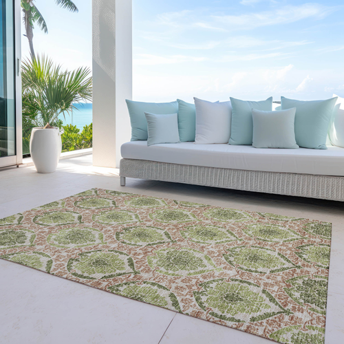 5' X 8' Olive Green And Fern Green Medallion Washable Indoor Outdoor Area Rug