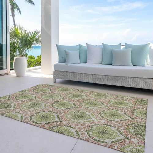 5' X 8' Olive Green And Fern Green Medallion Washable Indoor Outdoor Area Rug