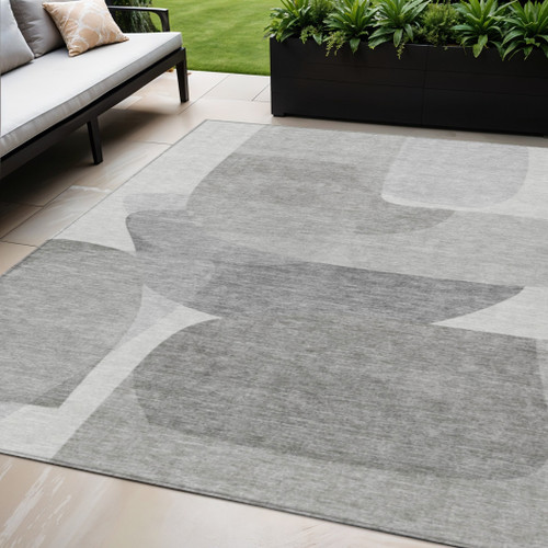 5' X 8' Linen And Gray Abstract Washable Indoor Outdoor Area Rug