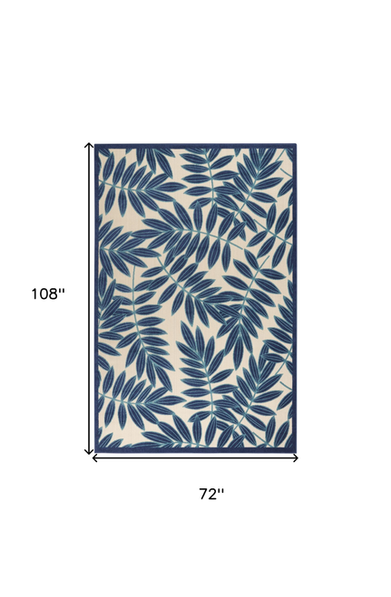6' X 9' Navy Blue And Beige Botanical Leaves Indoor Outdoor Area Rug
