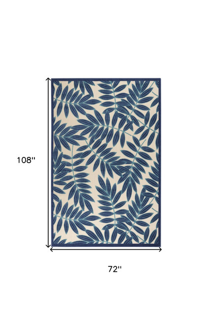 6' X 9' Navy Blue And Beige Botanical Leaves Indoor Outdoor Area Rug