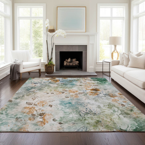 3' X 5' Teal Blue And Green Floral Washable Indoor Outdoor Area Rug