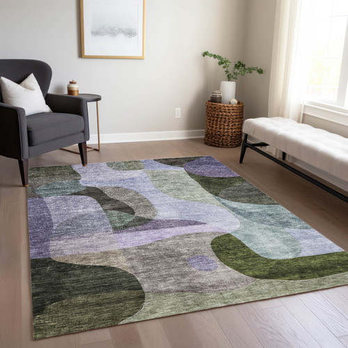 5' X 8' Olive Green Purple And Charcoal Abstract Washable Indoor Outdoor Area Rug