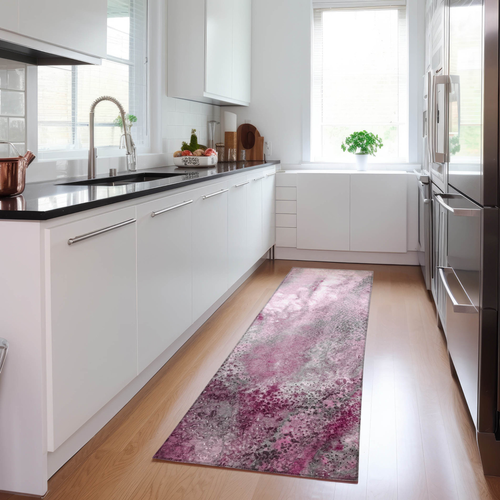 8' Runner Pink Abstract Washable Non Skid Indoor Outdoor Runner Rug