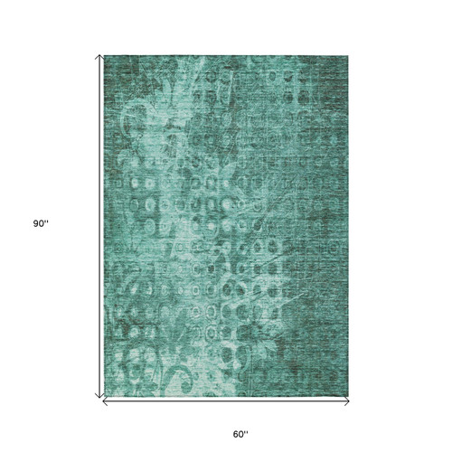 5' X 8' Teal Blue Ikat Washable Indoor Outdoor Area Rug