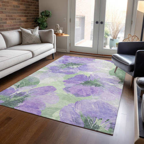 3' X 5' Lavender And Artichoke Green Floral Washable Indoor Outdoor Area Rug