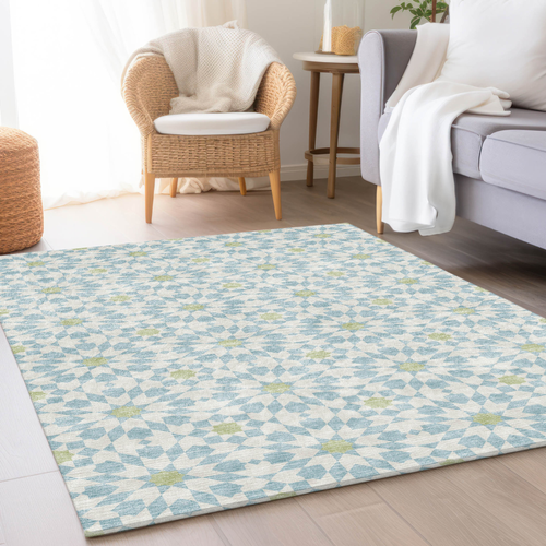 3' X 5' Sky Blue Ivory And Artichoke Green Floral Medallion Washable Indoor Outdoor Area Rug