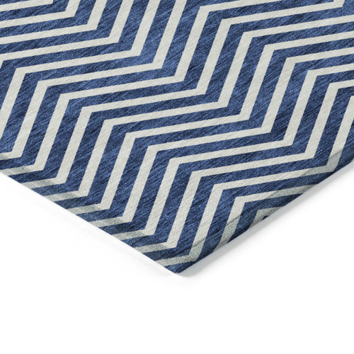 3' X 5' Blue And Ivory Chevron Washable Indoor Outdoor Area Rug