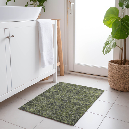 2' X 3' Moss Green and Gray Oriental Washable Non Skid Indoor Outdoor Area Rug