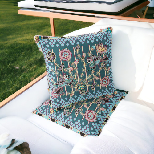 Set of Two 16" X 16" Green and Pink Peacock Blown Seam Floral Indoor Outdoor Throw Pillow Polyester Home Accent