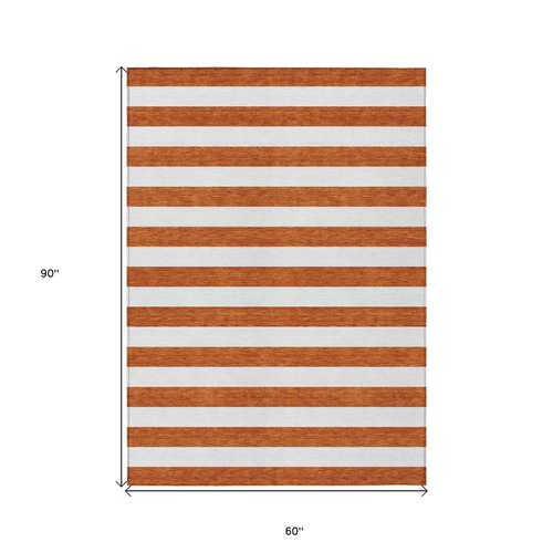 5' X 8' Orange Striped Washable Non Skid Indoor Outdoor Area Rug