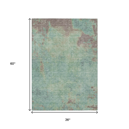 3' X 5' Pale Aqua And Taupe Abstract Washable Indoor Outdoor Area Rug