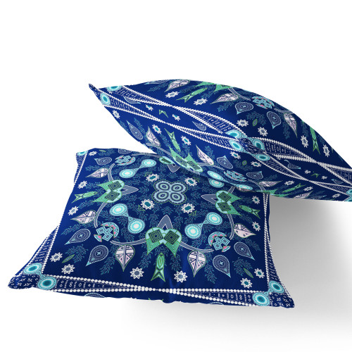 Set of Two 16" X 16" Blue and Green Blown Seam Paisley Indoor Outdoor Throw Pillow Polyester Modern Style