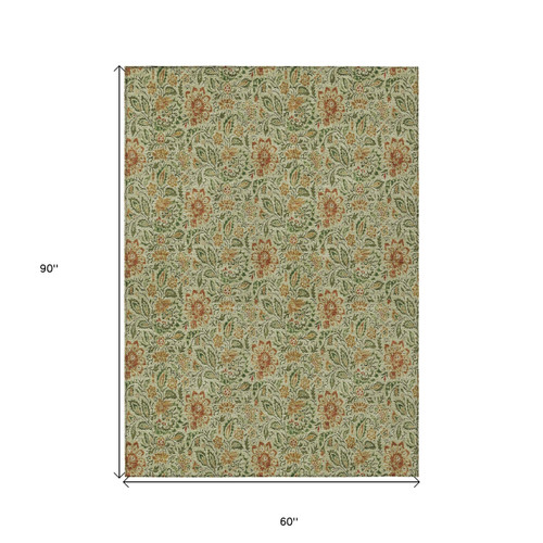 5' X 8' Green Copper And Sage Floral Washable Indoor Outdoor Area Rug