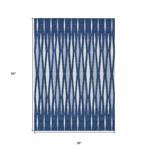 3' X 5' Navy Blue Gray And Ivory Geometric Washable Indoor Outdoor Area Rug