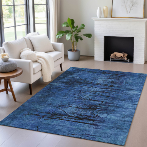 5' X 8' Blue And Charcoal Floral Washable Indoor Outdoor Area Rug