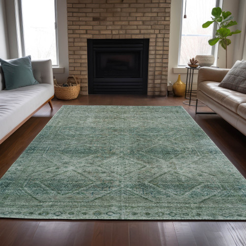 3' X 5' Teal Blue And Ivory Geometric Washable Indoor Outdoor Area Rug - Teal Blue, Ivory