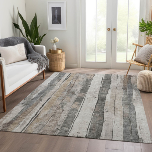 3' X 5' Beige And Gray Striped Washable Indoor Outdoor Area Rug - Beige, Gray