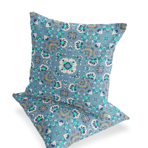 Set of Two 18" Blue Botanical Indoor Outdoor Throw Pillow Cover and Insert Polyester Decor