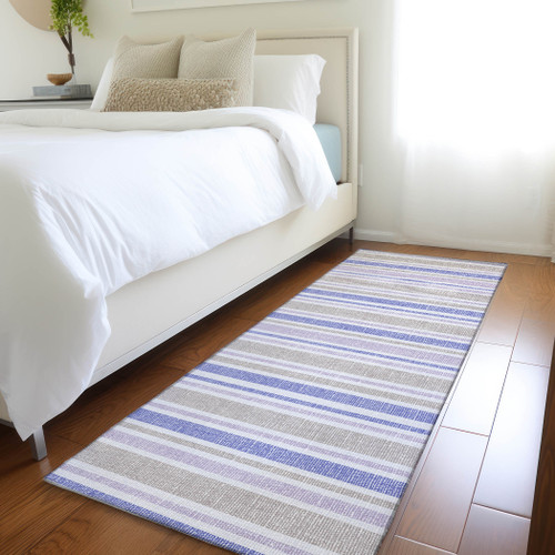 8' Navy Blue Striped Washable Indoor Outdoor Runner Rug
