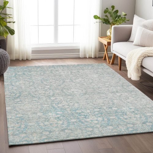 3' X 5' Aqua Damask Washable Indoor Outdoor Area Rug