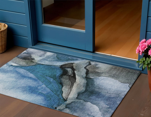 3' X 5' Blue And Gray Abstract Washable Indoor Outdoor Area Rug - Blue, Gray