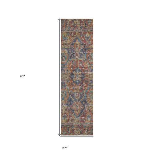 8' Runner Red Orange and Blue Oriental Washable Non Skid Indoor Outdoor Runner Rug