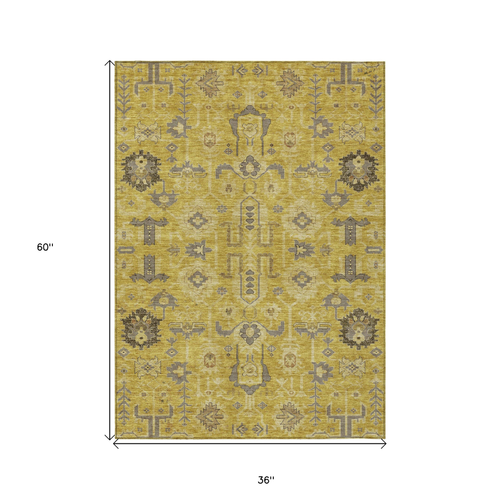 3' X 5' Gold Wheat And Gray Oriental Washable Indoor Outdoor Area Rug