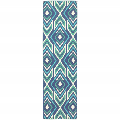 2' X 8' Blue and Ivory Geometric Stain Resistant Indoor Outdoor Area Rug