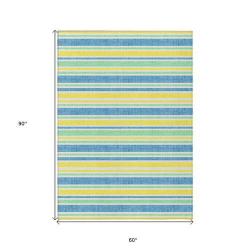5' X 8' Blue Yellow and Green Striped Washable Non Skid Indoor Outdoor Area Rug
