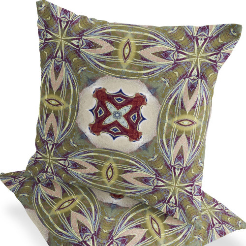 Set of Two 16" X 16" Green and Red Blown Seam Floral Indoor Outdoor Throw Pillow Polyester Premium Quality