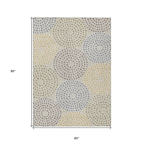 5' X 8' Beige Brown And Gray Geometric Washable Indoor Outdoor Area Rug