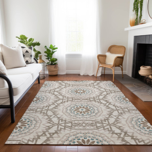 3' X 5' Beige Brown And Teal Blue Floral Medallion Washable Indoor Outdoor Area Rug