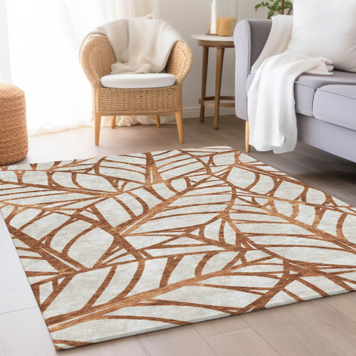 5' X 8' Orange Beige And Copper Floral Washable Indoor Outdoor Area Rug
