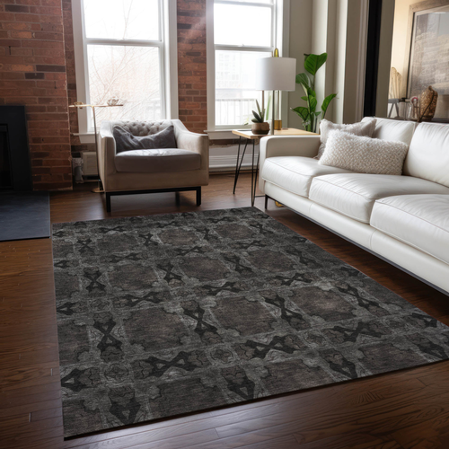 5' X 8' Gray And Black Floral Medallion Washable Indoor Outdoor Area Rug
