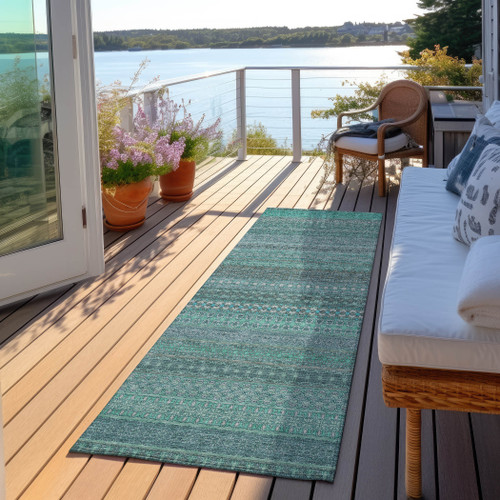 2' X 8' Turquoise Striped Washable Indoor Outdoor Runner Rug