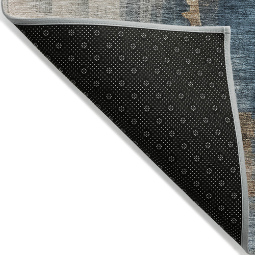5' X 8' Taupe Black And Blue Abstract Washable Indoor Outdoor Area Rug