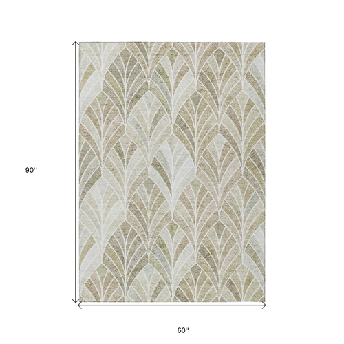 5' X 8' Khaki Tan And Beige Geometric Washable Indoor Outdoor Area Rug