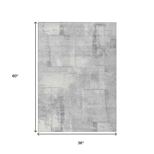 3' X 5' Gray And Silver Geometric Washable Indoor Outdoor Area Rug