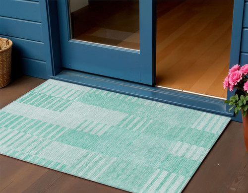 3' X 5' Teal Blue Aqua And Ivory Striped Washable Indoor Outdoor Area Rug