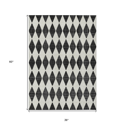 3' X 5' Black Geometric Washable Indoor Outdoor Area Rug